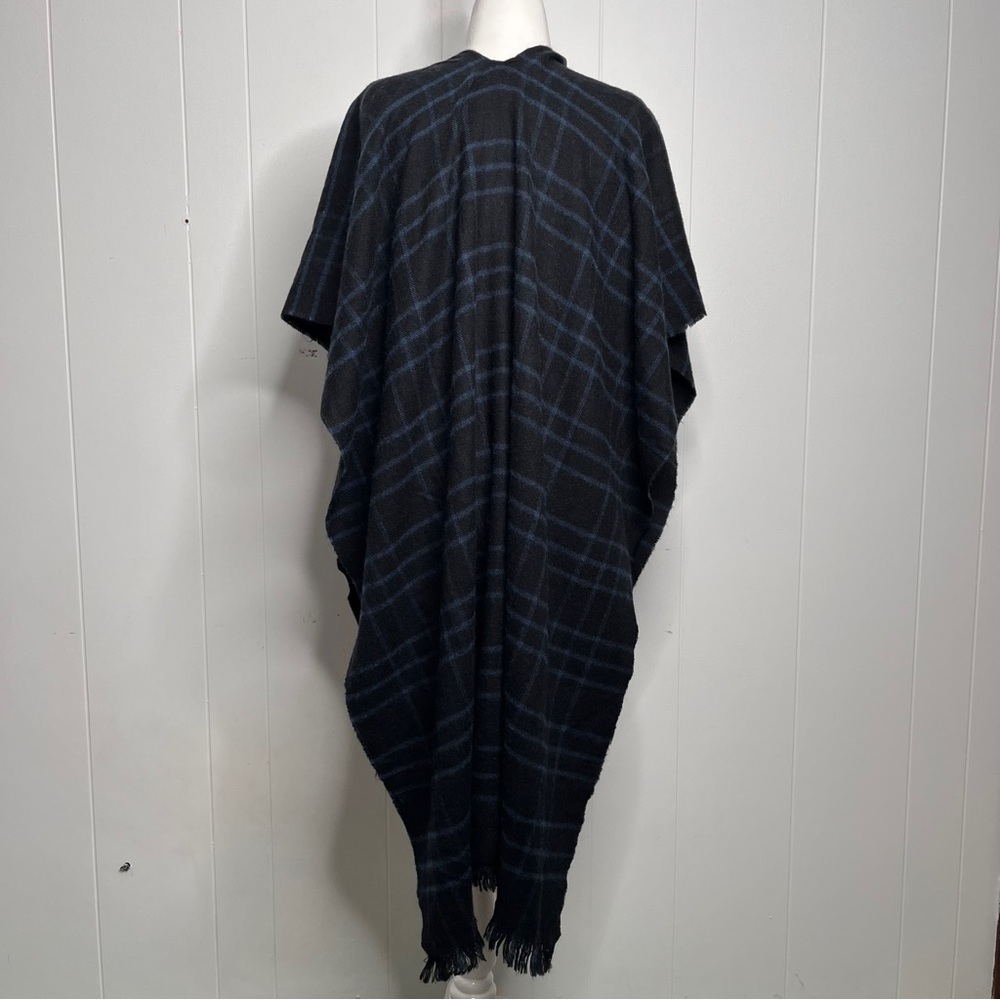 Echo Wool Blend Plaid Black and Blue Women's Cape with Fringe O/S - Picture 6 of 8